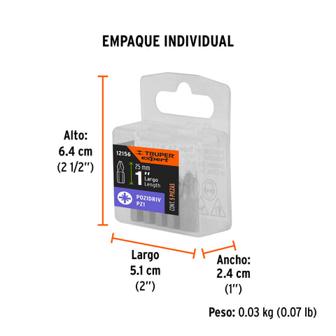 Estuche con 5 puntas pozidriv PZ1 largo 1', Truper Expert | PUDE-2101 | 12156