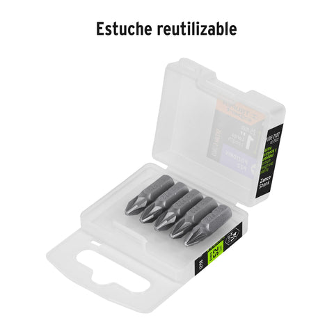 Estuche con 5 puntas pozidriv PZ2 largo 1', Truper Expert | PUDE-2102 | 12158