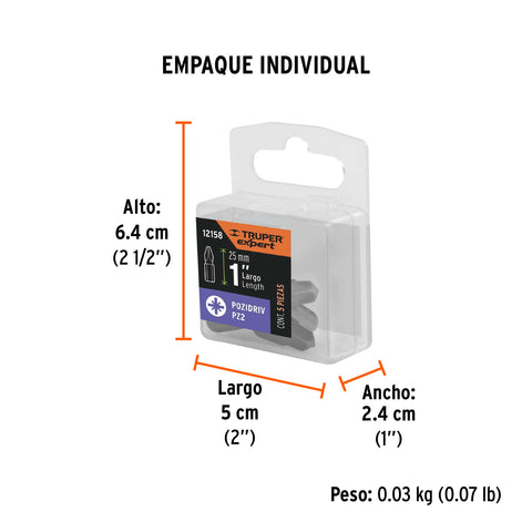 Estuche con 5 puntas pozidriv PZ2 largo 1', Truper Expert | PUDE-2102 | 12158