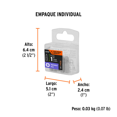 Estuche con 5 puntas pozidriv PZ3 largo 1', Truper Expert | PUDE-2103 | 12159