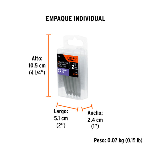 Estuche con 5 puntas pozidriv PZ2 largo 2', Truper Expert | PUDE-2202 | 12162