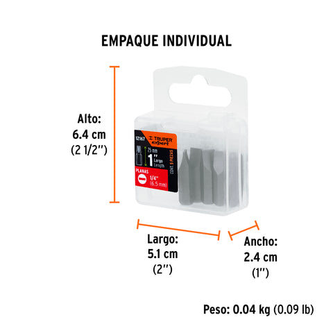 Estuche con 5 puntas planas de 1/4' largo 1', Truper Expert | PUDE-3125 | 12167