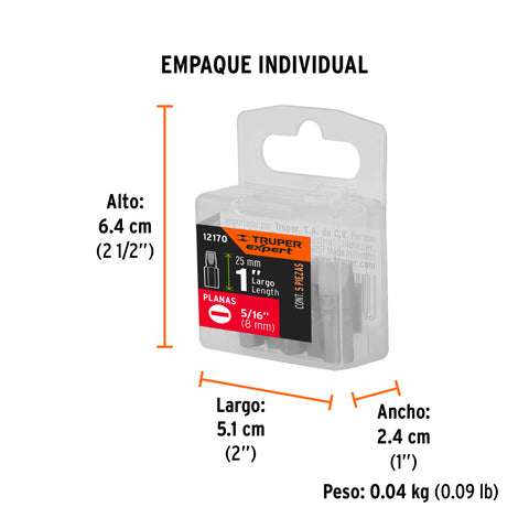 Estuche con 5 puntas planas de 5/16' largo 1', Truper Expert | PUDE-3131 | 12170