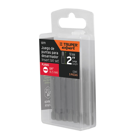 Estuche con 5 puntas planas de 1/4' largo 2', Truper Expert | PUDE-3225 | 12171
