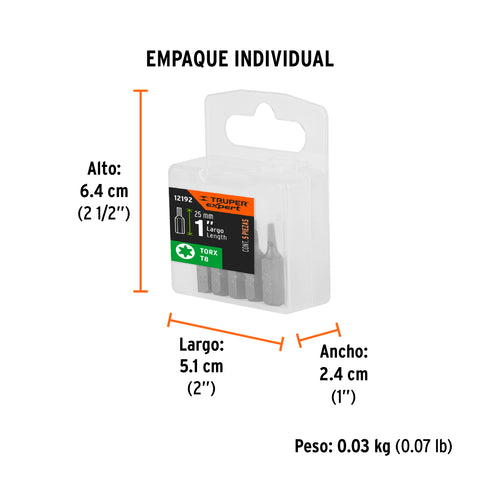 Estuche con 5 puntas torx T8 largo 1', Truper Expert | PUDE-5108 | 12192