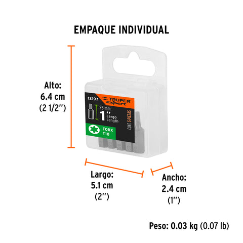 Estuche con 5 puntas torx T10 largo 1', Truper Expert | PUDE-5110 | 12197