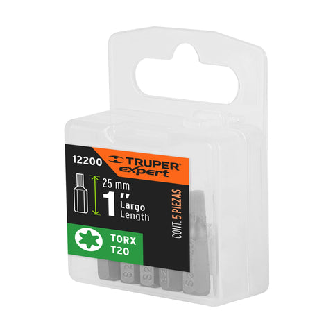 Estuche con 5 puntas torx T20 largo 1', Truper Expert | PUDE-5120 | 12200