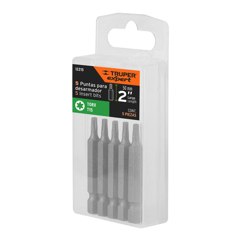 Estuche con 5 puntas torx T15 largo 2', Truper Expert | PUDE-5215 | 12215