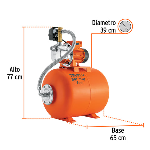 Equipo hidroneumático 50L, jet inoxidable 1/2 HP, TRUPER | HIDR-1/2X50 | 12254