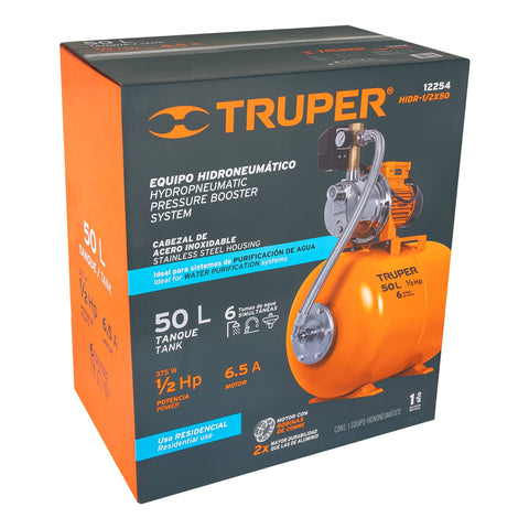 Equipo hidroneumático 50L, jet inoxidable 1/2 HP, TRUPER | HIDR-1/2X50 | 12254