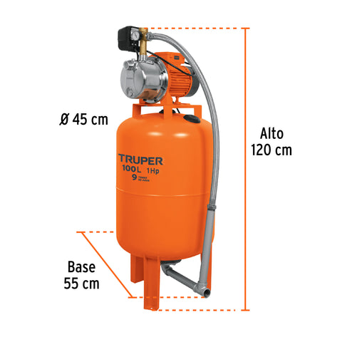 Equipo hidroneumático 100L, jet inoxidable 1 HP, TRUPER | HIDR-1X100 | 12255