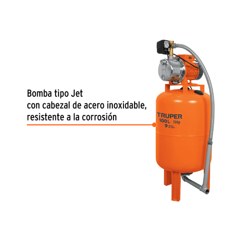 Equipo hidroneumático 100L, jet inoxidable 1 HP, TRUPER | HIDR-1X100 | 12255