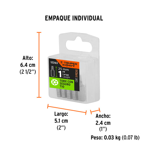 Estuche con 5 puntas torx T10 con seguro largo 1', Expert | PUDE-6110 | 12263