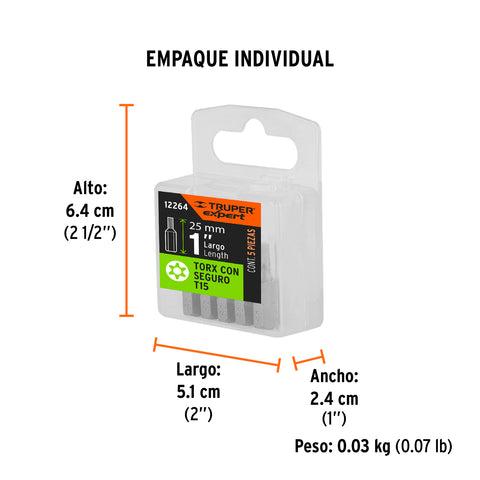 Estuche con 5 puntas torx T15 con seguro largo 1', Expert | PUDE-6115 | 12264