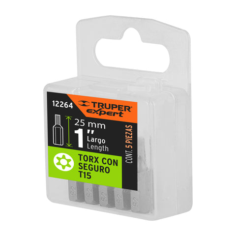 Estuche con 5 puntas torx T15 con seguro largo 1', Expert | PUDE-6115 | 12264