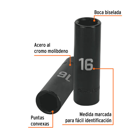 Dado largo cuadro 1/2' de impacto 6 puntas de 16 mm, Truper | D-7316-ML | 12428