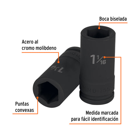 Dado largo de impacto de 1-1/16', 6 puntas, cuadro 3/4' | D-7517-L | 12435