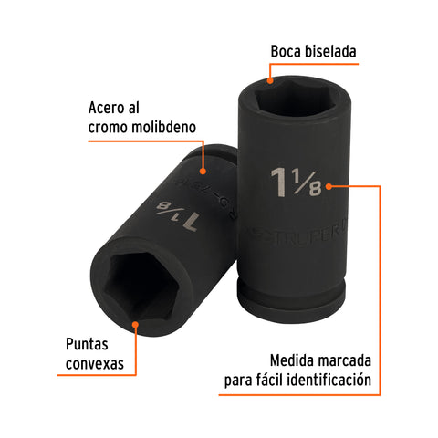 Dado largo de impacto de 1-1/8', 6 puntas, cuadro 3/4' | D-7518-L | 12436