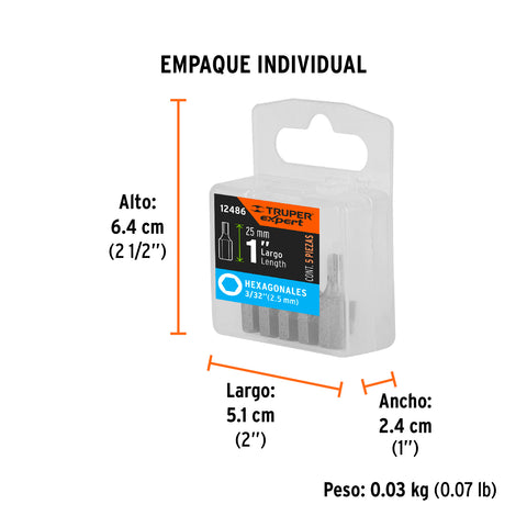 Estuche con 5 puntas hexagonales de 3/32mm largo 1', Expert | PUDE-7109 | 12486