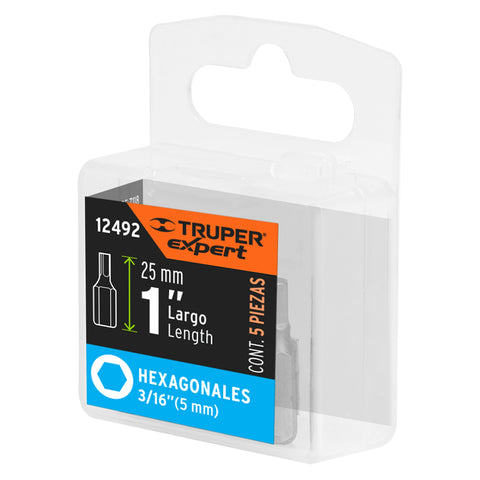 Estuche con 5 puntas hexagonales de 3/16mm largo 1', Expert | PUDE-7118 | 12492