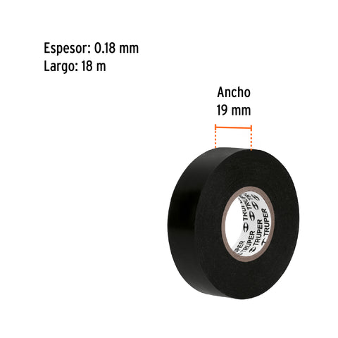 Cinta de aislar de 18 m x 19 mm, negra en blíster, Truper | M-33NB | 12499