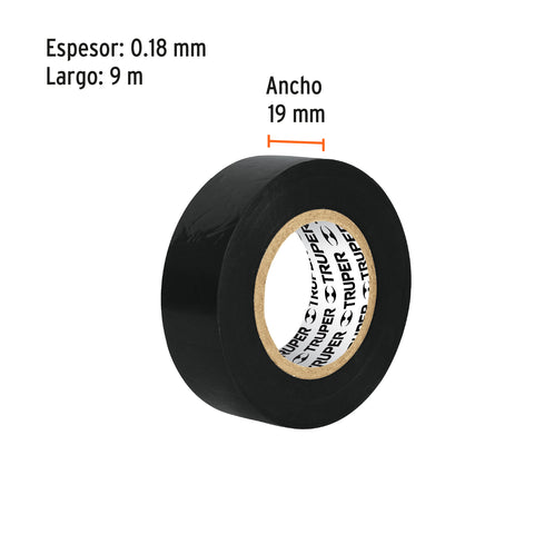 Cinta de aislar de 9 m x 19 mm, negra, Truper | M-22 | 12501