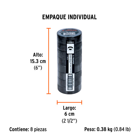 Cinta de aislar de 9 m x 19 mm, negra, Truper | M-22 | 12501