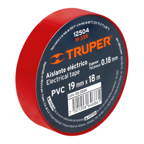 Cinta de aislar de 18 m x 19 mm, roja, Truper | M-33R | 12504