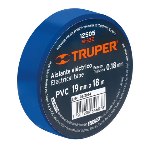 Cinta de aislar de 18 m x 19 mm, azul, Truper | M-33Z | 12505
