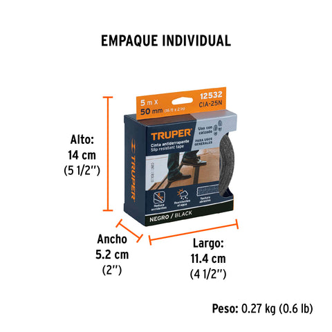 Rollo de 5 m de cinta antiderrapante negra 50mm con abrasivo | CIA-25N | 12532