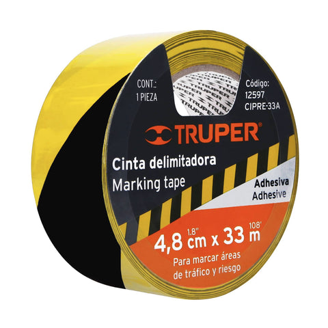 Rollo de 33 m de cinta delimitadora amarilla / negro, Truper | CIPRE-33A | 12597