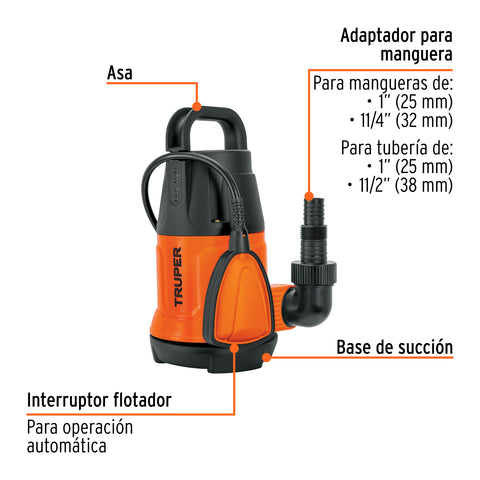Bomba sumergible plástica, 1/2 HP para agua limpia, TRUPER | BOS-1/2LP | 12601