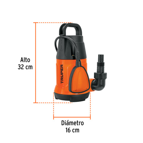 Bomba sumergible plástica, 1 HP para agua limpia, TRUPER | BOS-1LP | 12602