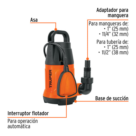 Bomba sumergible plástica, 1 HP para agua limpia, TRUPER | BOS-1LP | 12602
