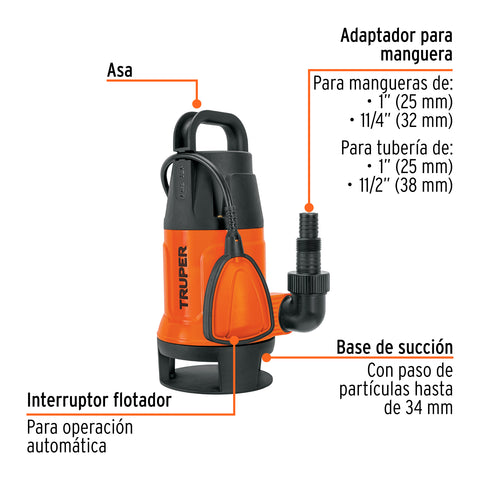 Bomba sumergible plástica, 1 HP para agua sucia, TRUPER | BOS-1SP | 12603