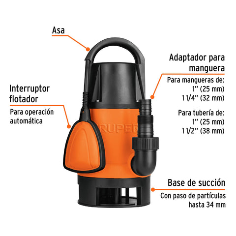 Bomba sumergible plástica, 1-1/2 HP para agua sucia, TRUPER | BOS-1-1/2SP | 12604