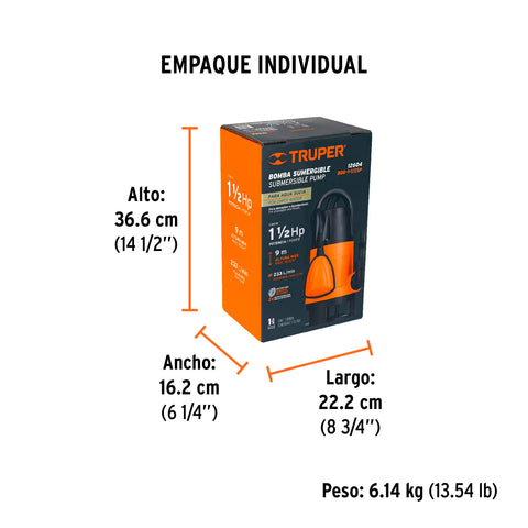 Bomba sumergible plástica, 1-1/2 HP para agua sucia, TRUPER | BOS-1-1/2SP | 12604