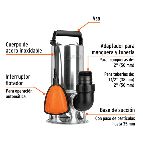 Bomba sumergible acero inoxidable, agua sucia, 1 HP, TRUPER | BOS-1SM | 12607