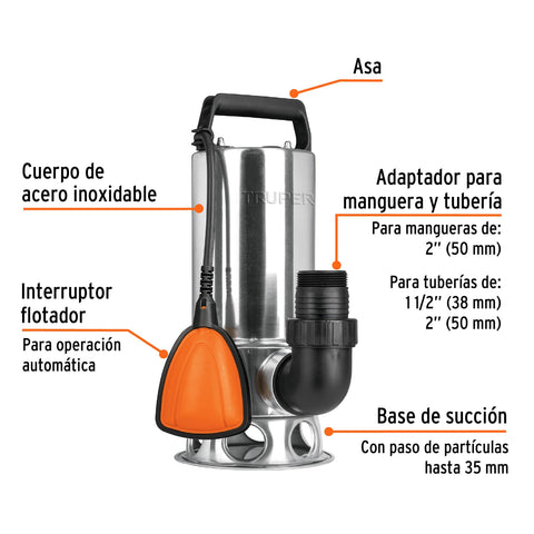 Bomba sumergible acero inoxidable,agua sucia,1-1/2HP, TRUPER | BOS-1-1/2SM | 12608