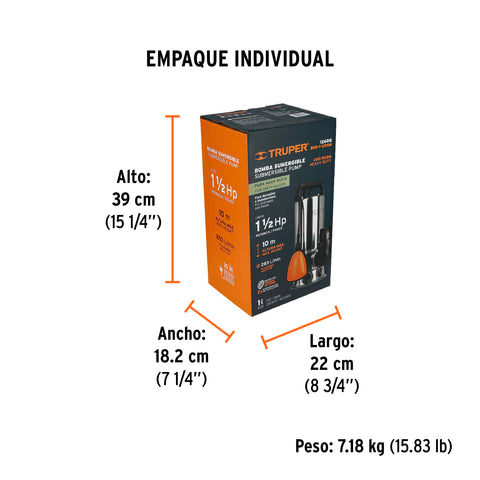 Bomba sumergible acero inoxidable,agua sucia,1-1/2HP, TRUPER | BOS-1-1/2SM | 12608
