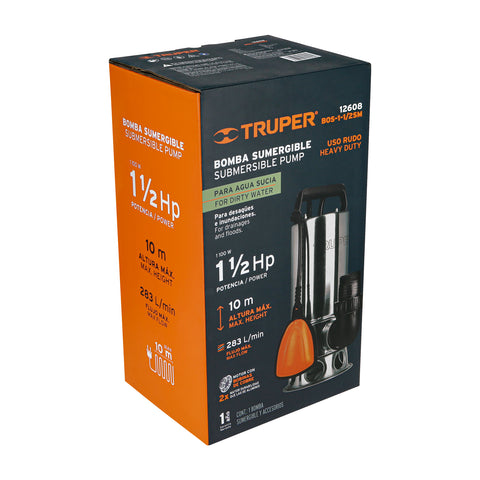 Bomba sumergible acero inoxidable,agua sucia,1-1/2HP, TRUPER | BOS-1-1/2SM | 12608