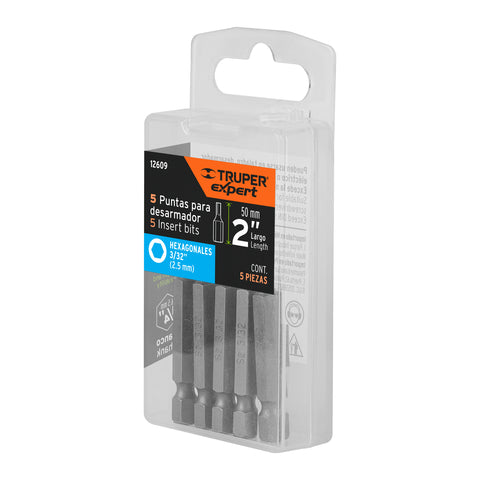 Estuche con 5 puntas hexagonales de 3/32mm largo 2', Expert | PUDE-7209 | 12609