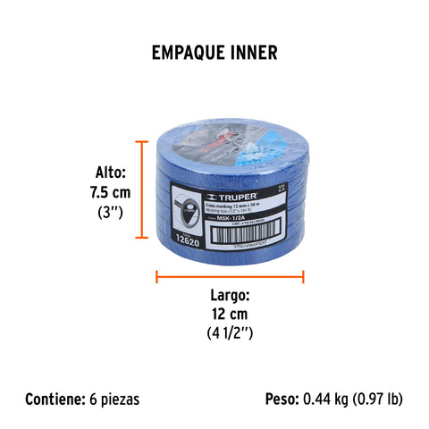 Cinta masking tape azul de 1/2' x 50 m para pintor, Truper | MSK-1/2A | 12620