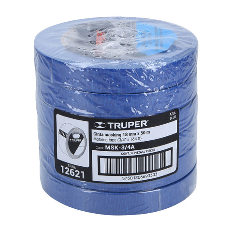 Cinta masking tape azul de 3/4' x 50 m para pintor, Truper | MSK-3/4A | 12621