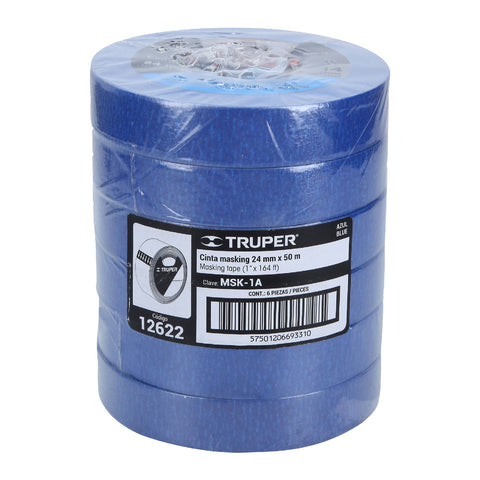Cinta masking tape azul de 1' x 50 m para pintor, Truper | MSK-1A | 12622