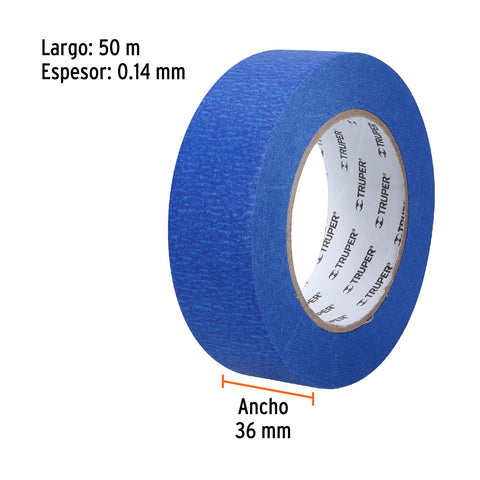 Cinta masking tape azul de 1-1/2' x 50 m para pintor, Truper | MSK-1-1/2A | 12623