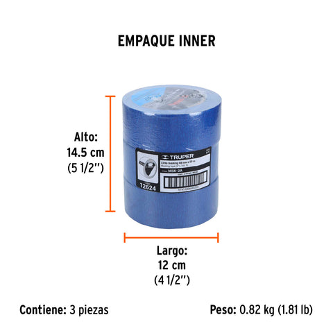 Cinta masking tape azul de 2' x 50 m para pintor, Truper | MSK-2A | 12624