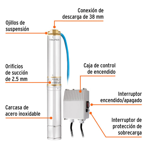 Bomba sumergible tipo bala, 1HP, uso agrícola, TRUPER | BOS-1LM | 12625