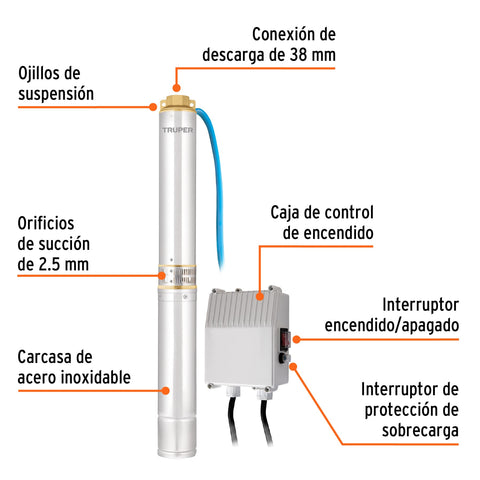 Bomba sumergible tipo bala, 1-1/2HP, uso agrícola, TRUPER | BOS-1-1/2LM | 12626