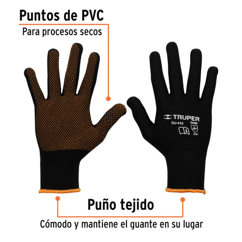 Guantes de poliéster con puntos de PVC en palma, M, TRUPER | GU-442 | 12651